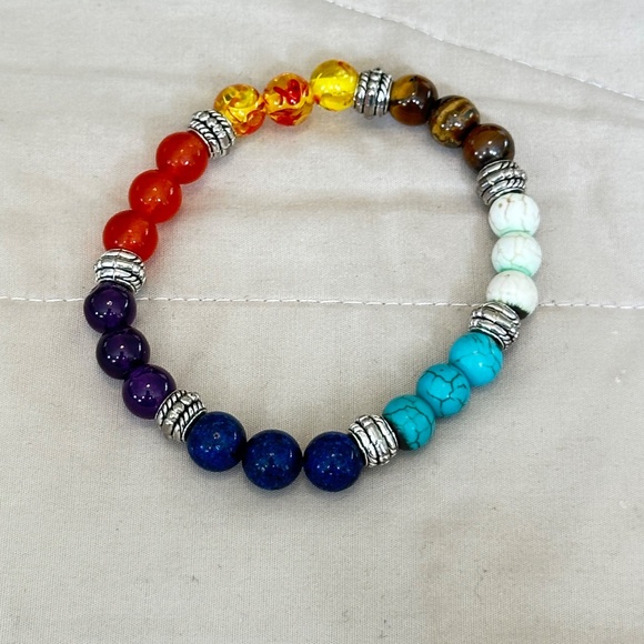 2/$10 Multicolor 7 stone chakra stretchy bracelet w/silver tone spacer beads - Picture 14 of 16